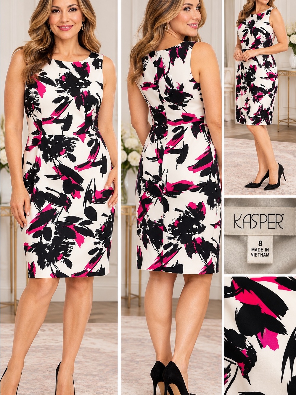 Kasper Covent Garden Printed Sheath Dress Floral Midi Dress White & Pink Size 8